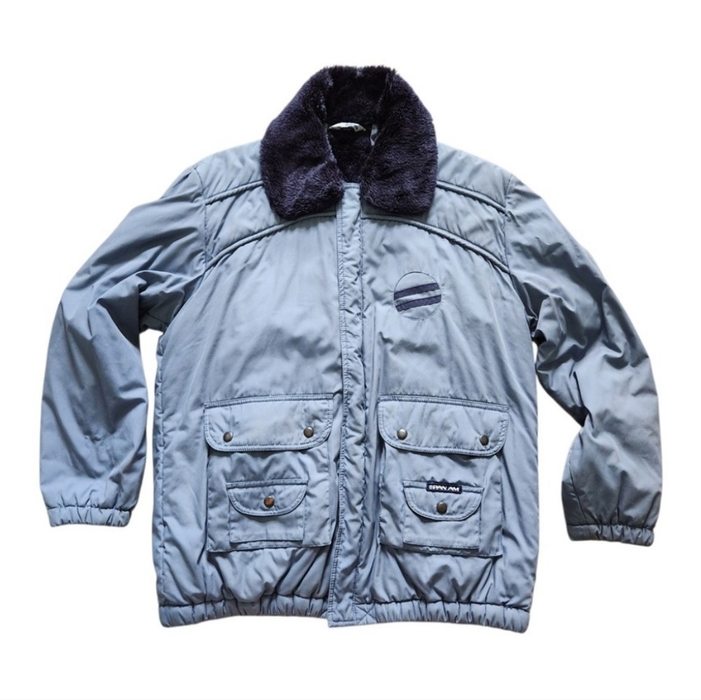 VINTAGE Pan Am Traveller Chic flight jacket faux fur lining blue size 46